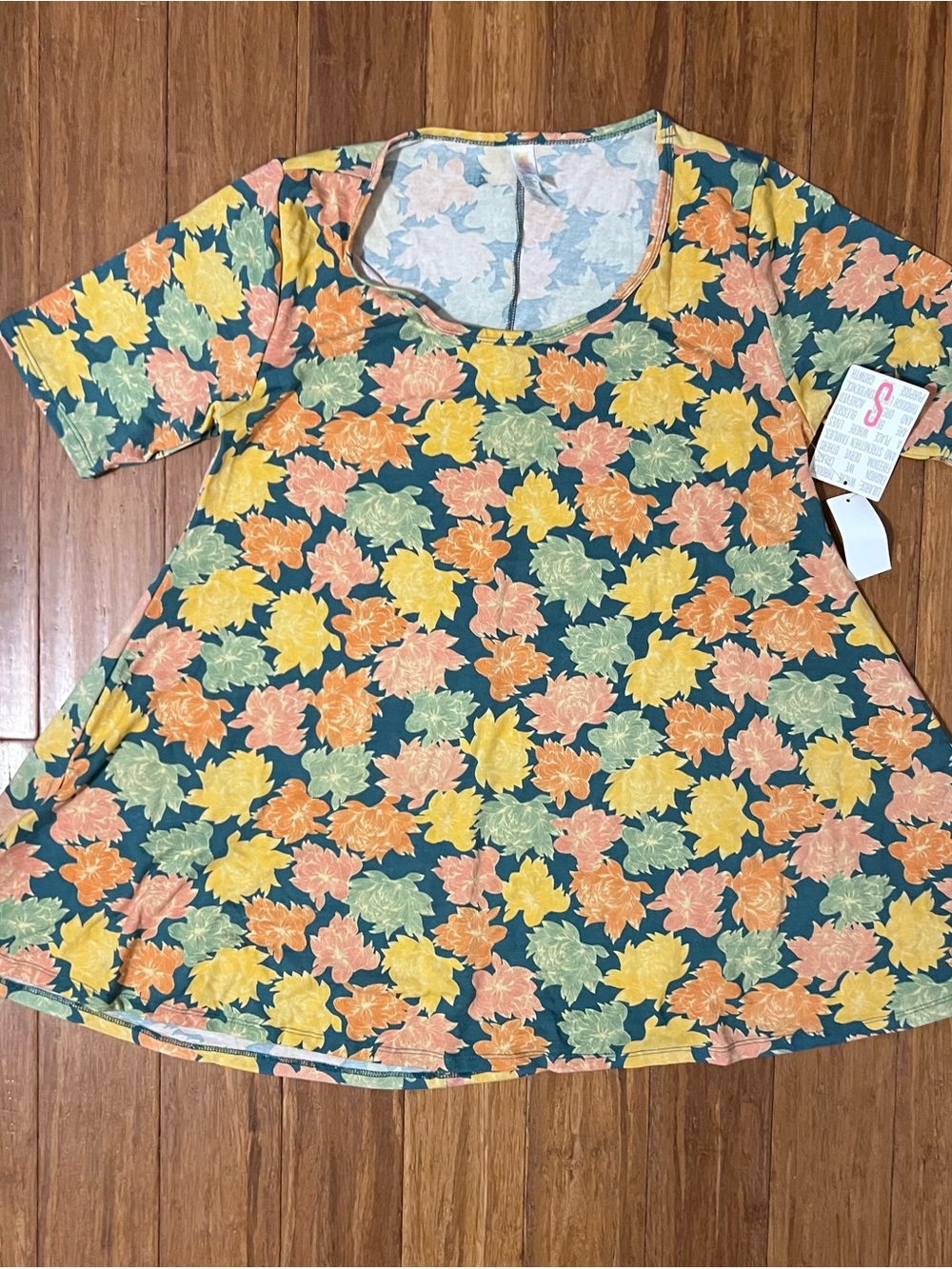 LuLaRoe Perfect Tee Floral Tee in Green with Yellow & Peach Accents